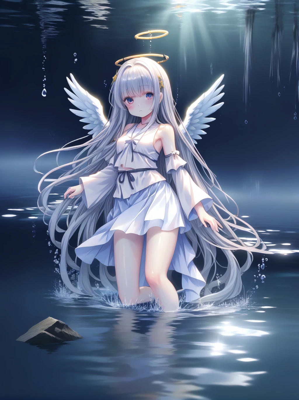  Partly underwater, lakeの女神, Long hair, Wet hair,
lake,Dark background, Blur edges,8 year-old、flat chest、skirt、Neck above waterline、Dead body in water, Underwater Photography、浮力でskirtがめくれる、Angel Halo