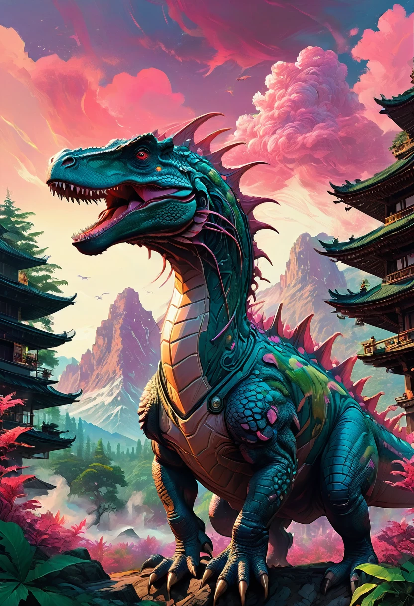 Pink Dinosaur, dynamic, Alena Aenami, Highest quality, masterpiece, so beautiful, Perfect composition, Intricate details, Very detailed