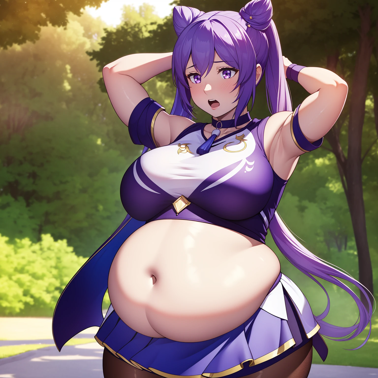 (best quality:1.2), 1girl, (masterpiece:1.2), (semi-realistic:1.2), raytracing, ultra detailed,detailed face, 8k wallpaper, wide hips, KeqingGenshin_NDV, 1girl, purple hair, large breasts, long hair, twintail, purple eyes, pantyhose, cone hair bun, double bun, choker, dress, detached sleeves, frills, outdoor, ((big belly), shocked, open mouth, (hands behind head:1.4), (solo:1.5)