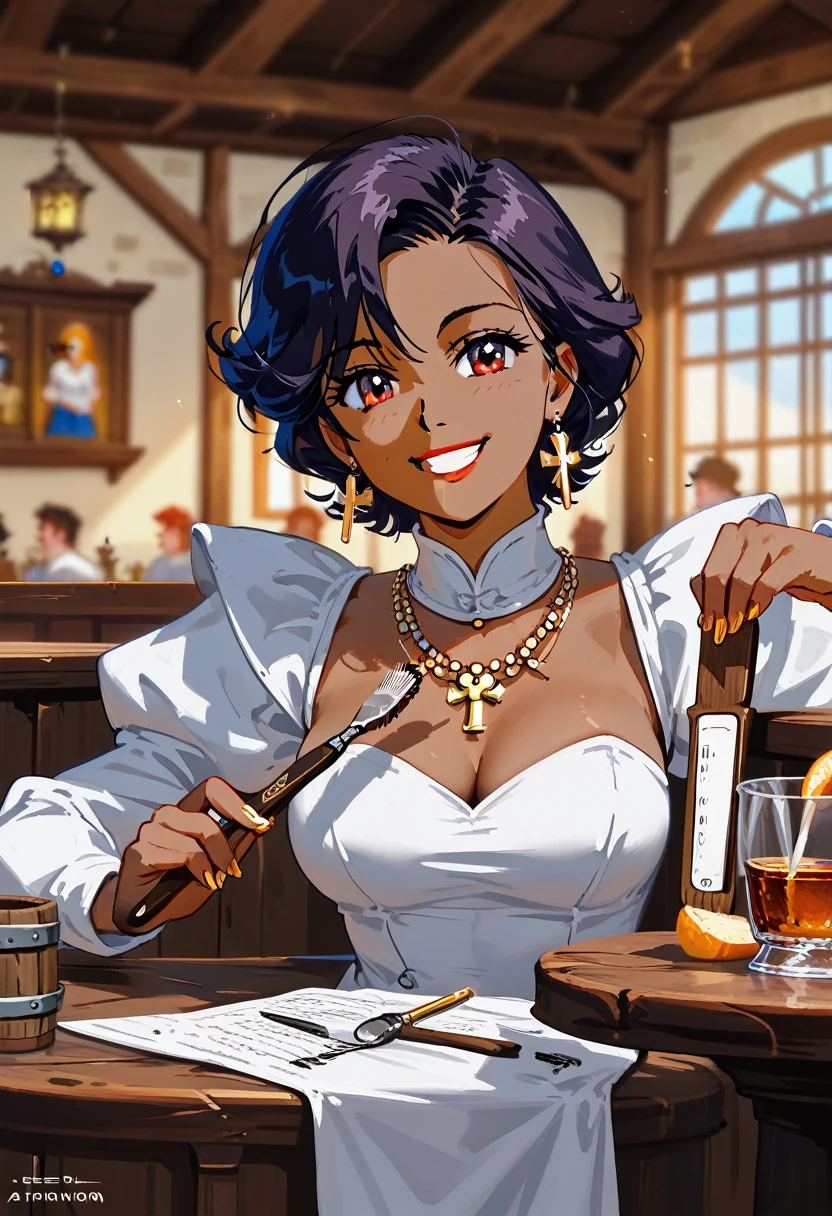 Best quality,Masterpiece,Masterpiece portrait,Complex details,Epic light,imaginary,Dungeons & The dragon's,Retro,a priest,Dark dwarf,1girl,Wooden table,pub,Gray skin,Elegant smile,squint,Close-up of a Mycenaean female wearing gold jewelry, Spiders:0.9, networks:1.0, imaginary, Volumetric lighting, Concept art, Brush stroke style, featuring.artstation, Common, Very detailed, Art by Greg Rutkowski