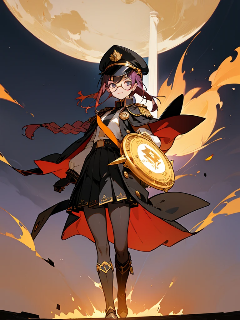 realisitic, City Deserted, Pile of rubble, Brick building, a one woman (18 years old, far away blackw hair, far away slits, Eyes red, glare eyes, 精致的面容, standing (In floor, feet shoulder-width apart), Lolita style military uniform (blackw base, Red Insert, golden decoration, volantes, wide sleeves, dainty and delicate detailing armors), blackw far away gloves (blackw, Red Insert, golden decoration, small hands, armors), blackw far away gloves, knee high boots (blackw, high-heels, red soles), ha (blackw, aba dourada, shield emblem, delicate details), arms in front, Front of belly, Holding military swords with both hands (blackw, golden decoration, delicate detail, Handle at the top, Ground-facing blade, in front of the body, far away), night sky (blackw, stele, Increased flames and smoke) Pale painting style, One Girl, super high quality, Super Detail, Super Detailed image, long hair, looking at viewer, skirt, shirt, hair ornament, violet eyes, gloves, round glasses, long sleeves, hat, closed mouth, jacket, violet hair, braid, open clothes, necktie, black gloves, black skirt, uniform, single braid, open jacket, black jacket, black headwear, 手链, peaked cap, black necktie, cropped jacket, military hat, pantyhose, Flat Chest, smile, Black Cape