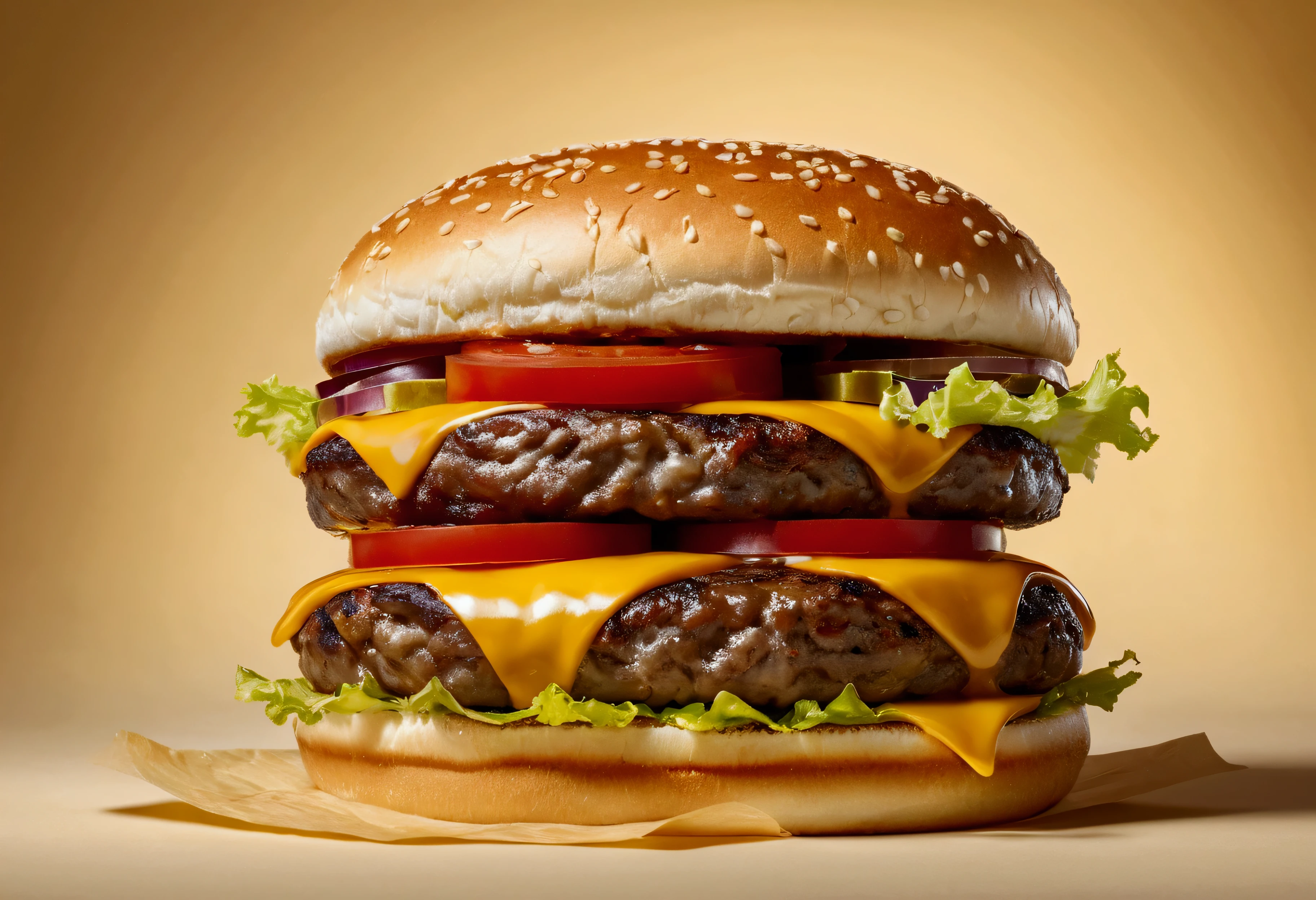 a picture of a cheeseburger, cheeseburger divided in the elegant cream color background like in a commercial, everything in focus