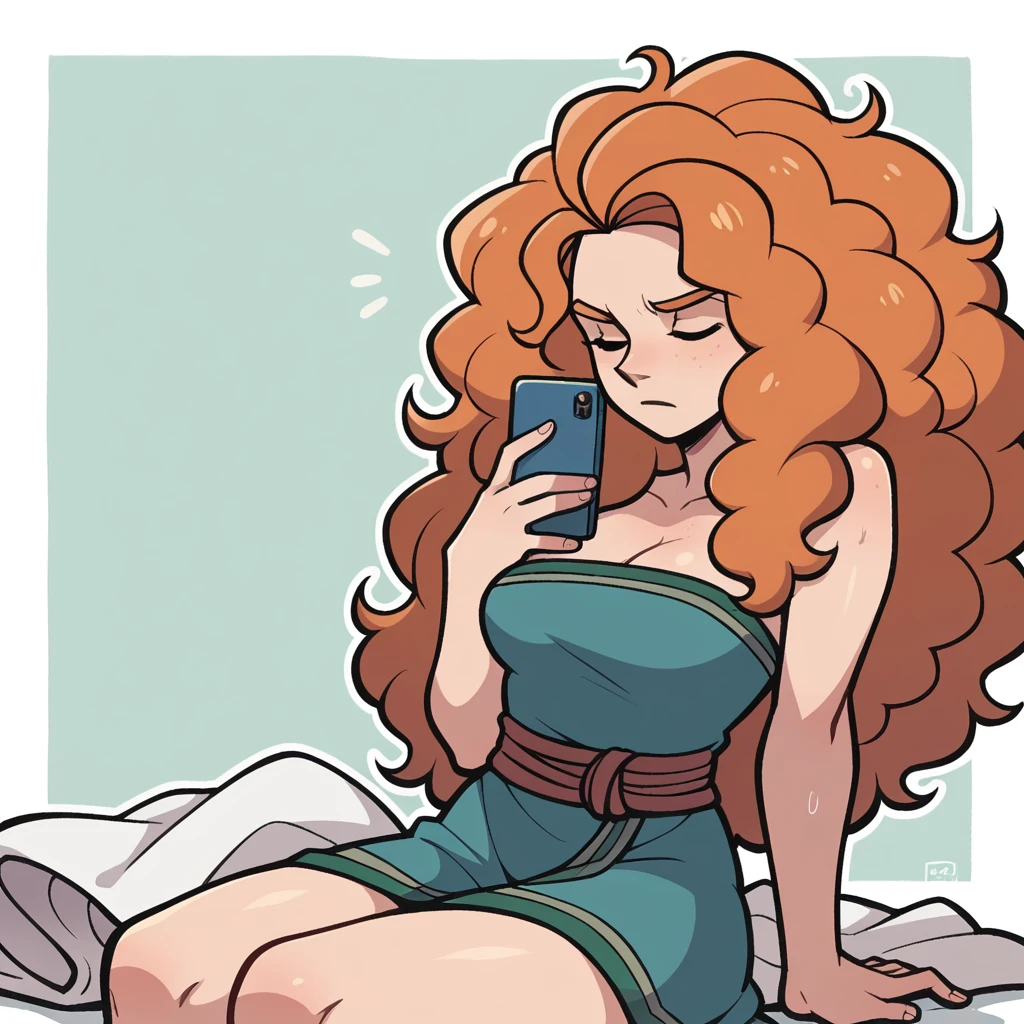 score_9_presence, score_8_up, merida, wrapped in towel, medium breasts, holding phone