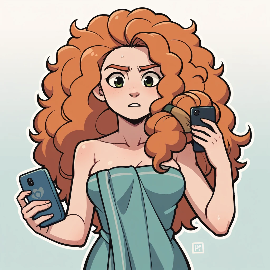 score_9_presence, score_8_up, merida, wrapped in towel, medium breasts, holding phone