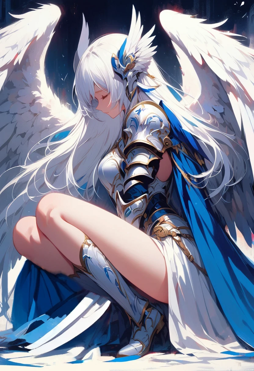 Japanese cartoons, Angel, Miss, White hair, wing, Blue Dress, White hair, White wing, White hair, White wing, White hair, wing, White, Angel knight girl, Japanese cartoons art wallpaper 4k, Japanese cartoons art wallpaper 4 k, Japanese cartoons art wallpaper 8 k, beautiful fantasy Japanese cartoons, Winged Horn, Angelic wing on her back, full - body majestic Angel