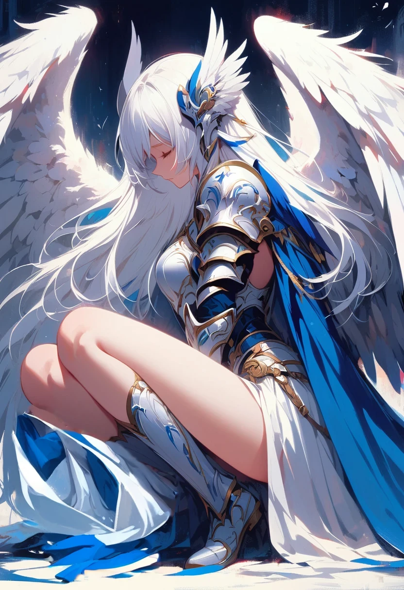 Japanese cartoons, Angel, Miss, White hair, wing, Blue Dress, White hair, White wing, White hair, White wing, White hair, wing, White, Angel knight girl, Japanese cartoons art wallpaper 4k, Japanese cartoons art wallpaper 4 k, Japanese cartoons art wallpaper 8 k, beautiful fantasy Japanese cartoons, Winged Horn, Angelic wing on her back, full - body majestic Angel