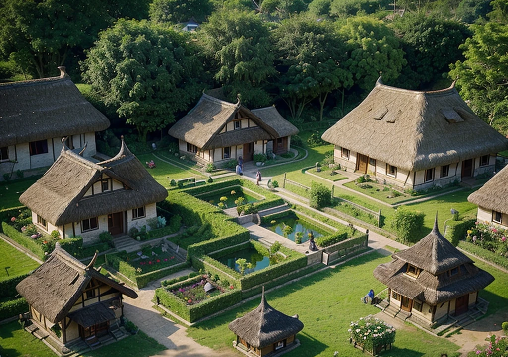 A closer view of the village, showcasing the thatched-roof huts, with smoke drifting lazily from cooking fires, and villagers going about their daily lives, tending to gardens, and children playing in the streets, all surrounded by lush greenery and vibrant flowers, vector graphics illustration.