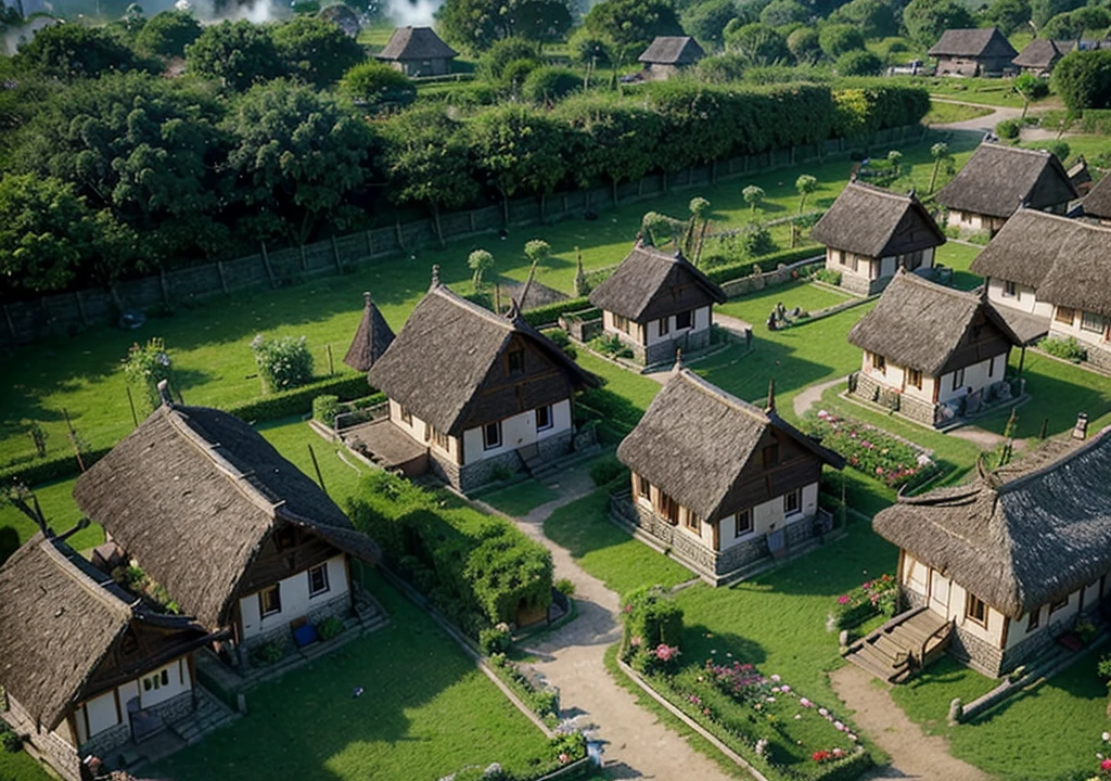 A closer view of the village, showcasing the thatched-roof huts, with smoke drifting lazily from cooking fires, and villagers going about their daily lives, tending to gardens, and children playing in the streets, all surrounded by lush greenery and vibrant flowers, vector graphics illustration.