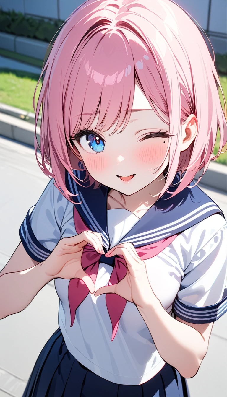 (1 girl),(Best Picture Quality, 8K, Masterpiece:1.3), (high school student:1.5), ((pink lob hair:1.1)), (bob cut),(swept bangs),BREAK, (cute eyes, pupil black, iris skyblue, youthful face), (mole under right eye), (standard weight), (small breasts),(big hip), (glistening skin:1.1),(pale skin:1.2),BREAK, ((serafuku, white sailor short sleeve simple shirt, darkblue skirt, darkblue sailor collar, pink ribbon)),BREAK,(heart hands),(wink, one eye closed),(from above),(portrait),(happy).