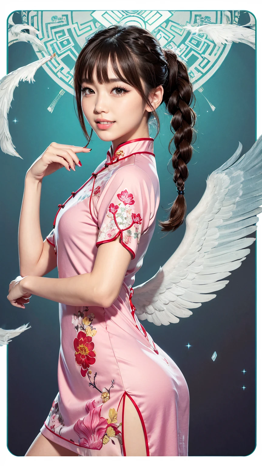 Mucha style, Chinese Design, Realistic, masterpiece, Highest quality, Highest Resolution, Anatomically correct, Accurate Anatomy, One Japanese woman, Smile and show your teeth a little., Fine and beautiful eyes, Sparkling eyes, Thin eyebrows, Gives lashes a delicate finish, False eyelashes, (Chinese traditional makeup:1.2), (Braided hair, Blunt bangs, Brown Hair:1.2), Detailed face, Sharp Eyes, (Classic pink cheongsam resembling a heavenly maiden:1.3), Photo taken from the thigh up, Blank background in warm colors
