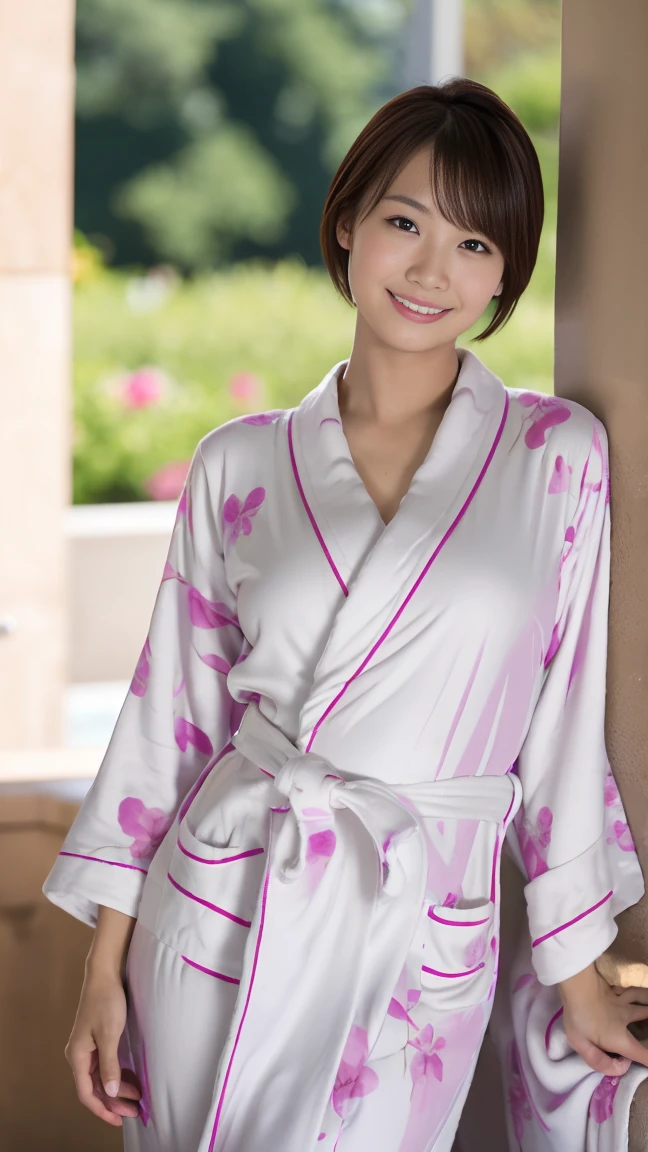 nsfw,masutepiece, Best Quality, Photorealsitic, finely detail, hight resolution,beautiful japanese woman,beautiful detailed eyes, beautiful detailed lips, extremely detailed face, small head, small areola, cinematic lighting, photorealistic, 8k, high quality, hyper detailed, look at me,smile,(bathrobe:1.4),(short hair:1.2),(random location),(medium breasts:1.2),(inoueseika),(full body:1.3),slender,beautifull legs,(sexy posing),(bokeh:1.3),(nipples)