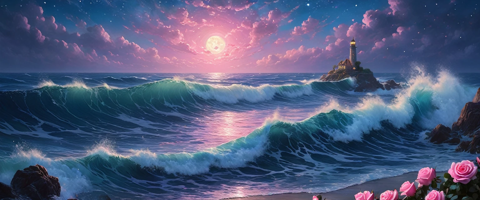 (masterpiece:1.4),(best quality,photorealistic), A beautiful painting of starry sky,layer upon layer of huge waves,deep blue water,pink roses of different sizes,romantic,dreamlike,moonlight,Thomas Kinkade,ultradetailed,illustration,4k,trends on Artstation,above+super wide angle,Greg Rutkowski,trends on Artstation