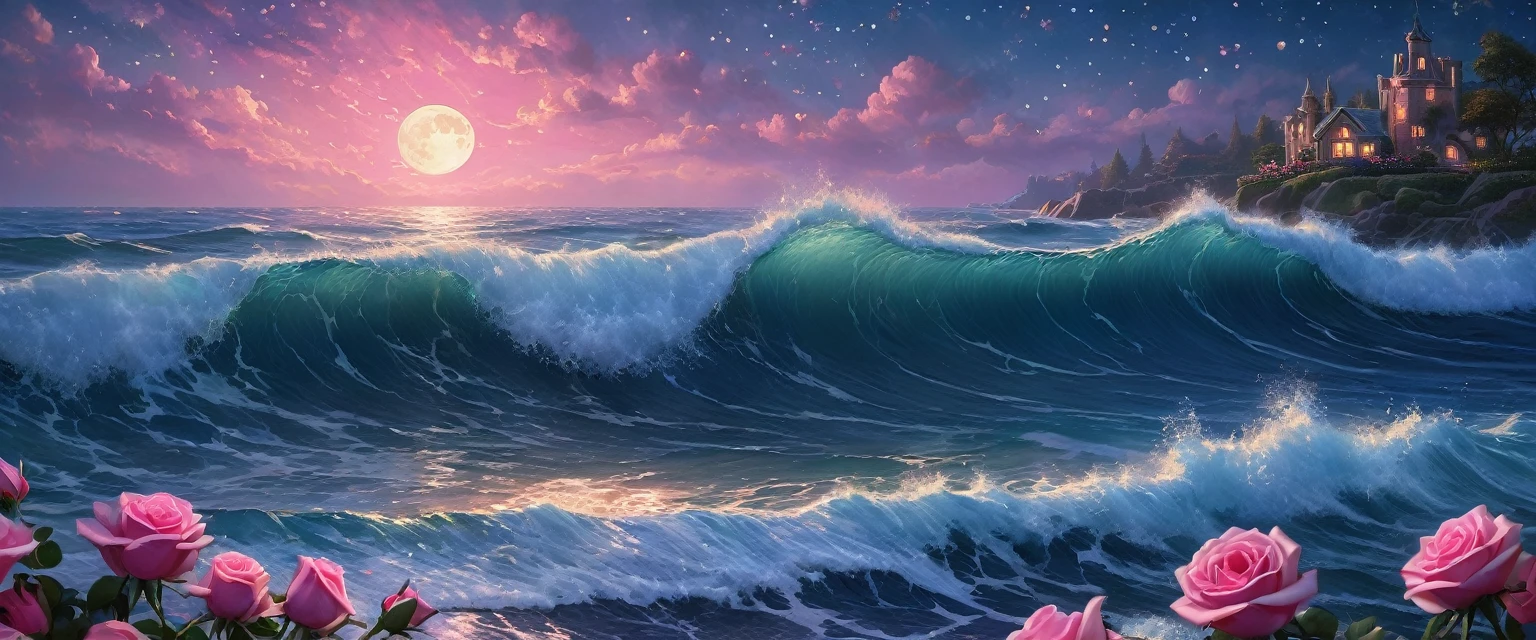 (masterpiece:1.4),(best quality,photorealistic), A beautiful painting of starry sky,layer upon layer of huge waves,deep blue water,pink roses of different sizes,romantic,dreamlike,moonlight,Thomas Kinkade,ultradetailed,illustration,4k,trends on Artstation,above+super wide angle,Greg Rutkowski,trends on Artstation