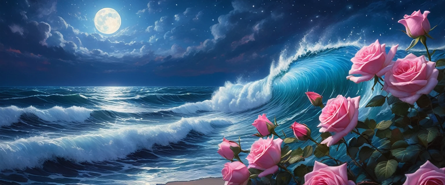 (masterpiece:1.4),(best quality,photorealistic), A beautiful painting of starry sky,layer upon layer of huge waves,deep blue water,pink roses of different sizes,romantic,dreamlike,moonlight,Thomas Kinkade,ultradetailed,illustration,4k,trends on Artstation,above+super wide angle,Greg Rutkowski,trends on Artstation