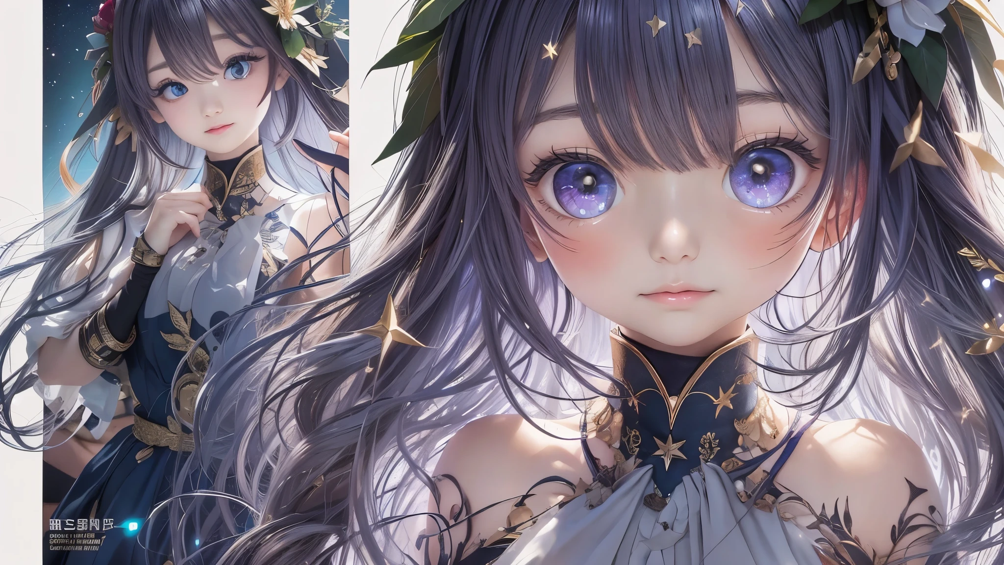 photograph、water、8age、high resolution、quality、Real masterpieces, Highest quality, Highly detailed shape,1 Girl,alone, Image body, flower, Looking at the audience、 Purple eyes, Jewel-like eyes, Very beautiful eyes, Highly detailed face、universe (null), constellation, Purple Energy、 meteor、Shiny, straight, long hair down to the waist, Beautiful shiny bangs、16k、24k、