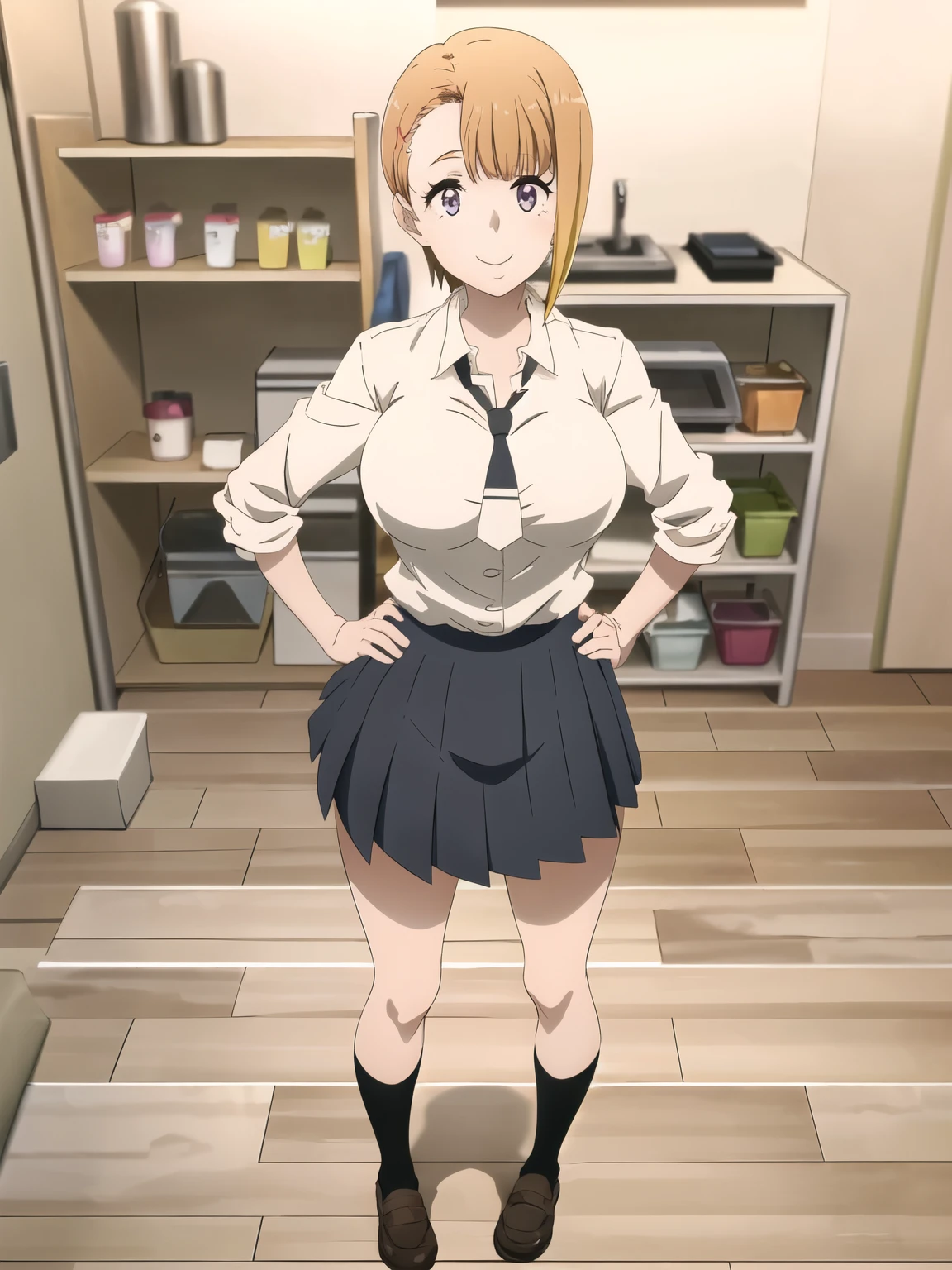 (Yurikawa Hana), One girl, Purple eyes, Orange Hair, short hair, hair ornaments, smile, shirt, white shirt, tie, Pleated skirt, mini skirt, black high socks, loafers, large breasts, View your viewers, full body, Hands on hips, indoor