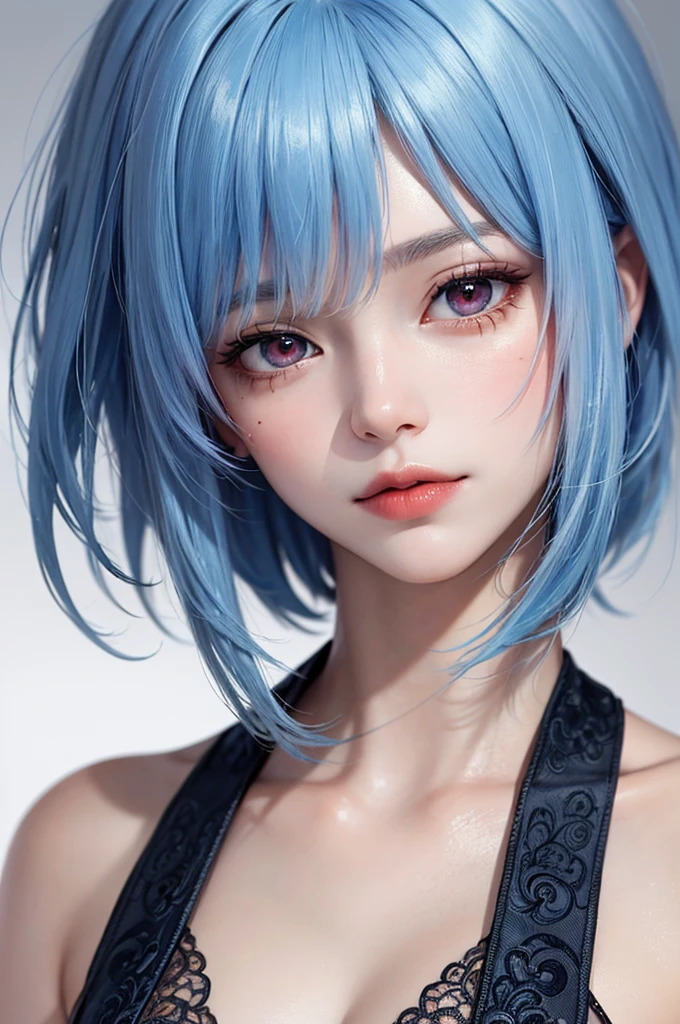 Masterpiece, Best Quality, 8K, Detailed Skin Texture, Detailed Cloth Texture, Beautiful Detail Face, Intricate Detail, Ultra Detailed, Portrait of Rei Ayanami, Blue Hair, Red Eyes, Head Tilt, No Background