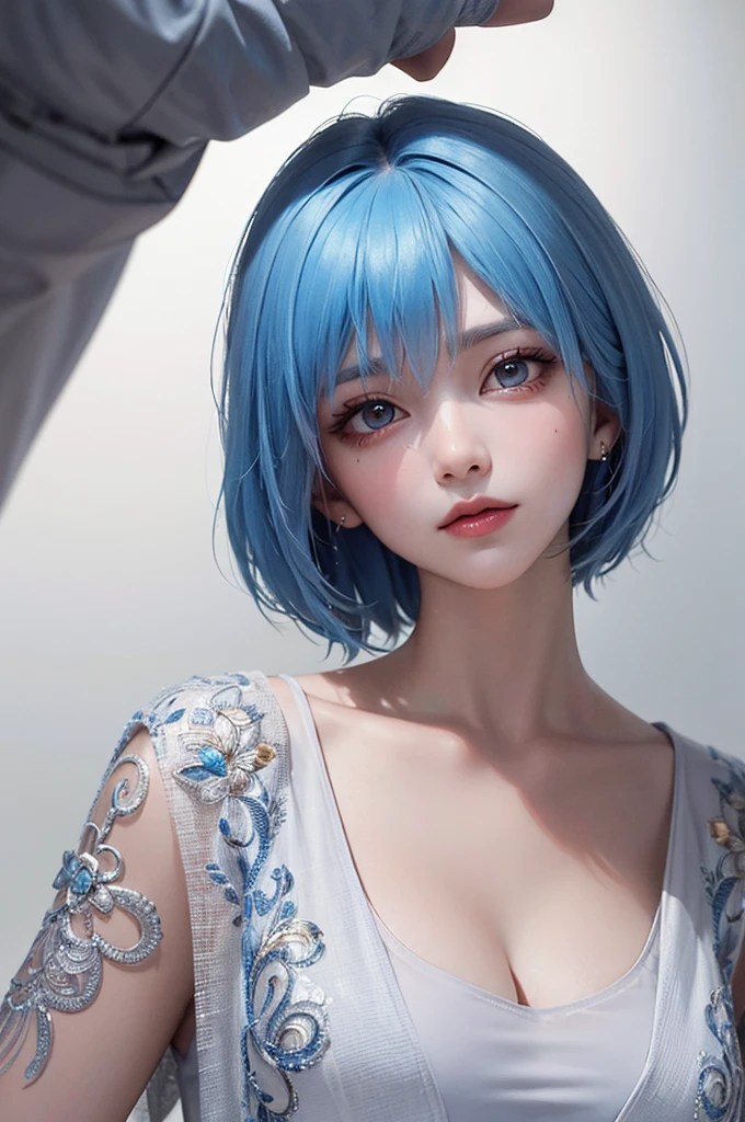 Masterpiece, Best Quality, 8K, Detailed Skin Texture, Detailed Cloth Texture, Beautiful Detail Face, Intricate Detail, Ultra Detailed, Portrait of Rei Ayanami, Blue Hair, Red Eyes, Head Tilt, No Background