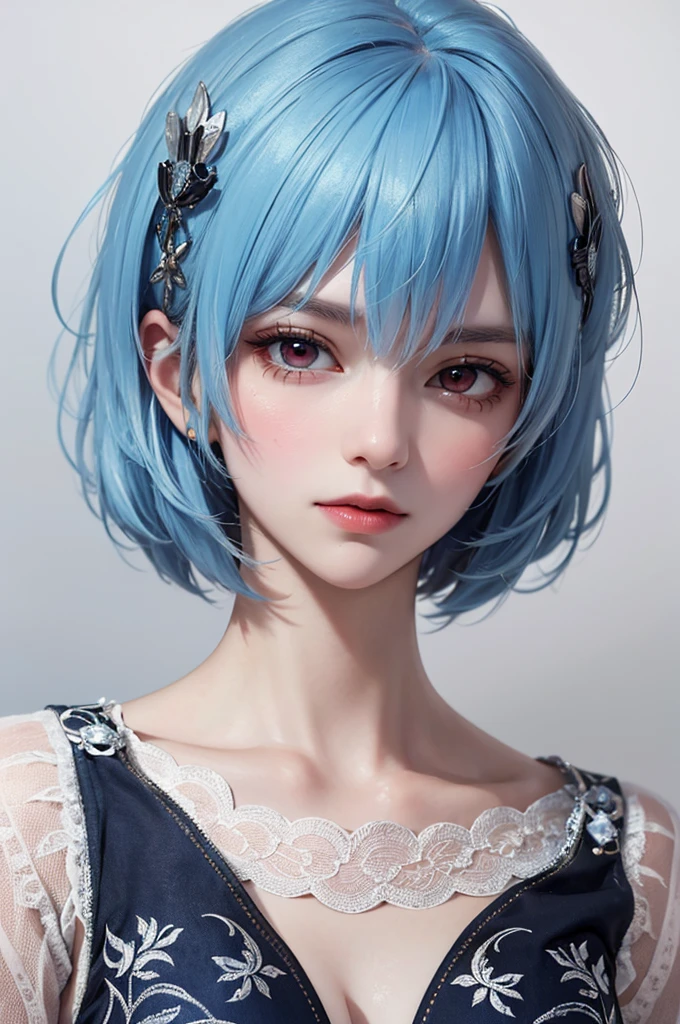 Masterpiece, Best Quality, 8K, Detailed Skin Texture, Detailed Cloth Texture, Beautiful Detail Face, Intricate Detail, Ultra Detailed, Portrait of Rei Ayanami, Blue Hair, Red Eyes, Head Tilt, No Background