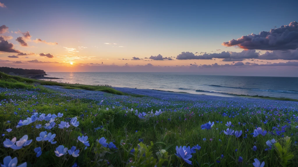 masterpiece , best quality ,sunset, field ,blue flower ,white flower , , ,big flower,realistic,seaside