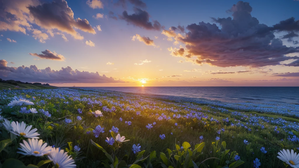 masterpiece , best quality ,sunset, field ,blue flower ,white flower ,  ,  ,big flower,realistic,seaside