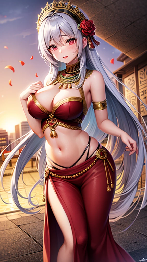 Draw me a mature a woman Is dancing on traditional stage,she had a long silver hair and red eyes,she wearing a belly dancer dress from egyptian,scenery behind her is beautiful festival,beauty face,Around it are scattered rose petals