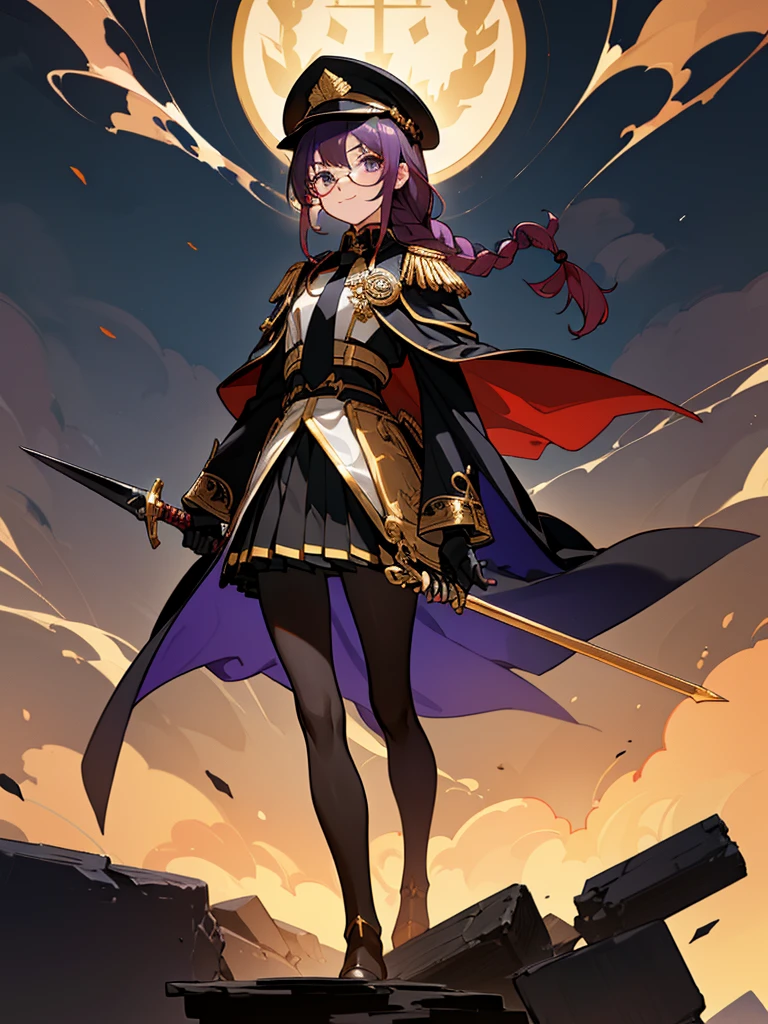 realisitic, City Deserted, Pile of rubble, Brick building, a one woman (18 years old, far away blackw hair, far away slits, Eyes red, glare eyes, 精致的面容, standing (In floor, feet shoulder-width apart), Lolita style military uniform (blackw base, Red Insert, golden decoration, volantes, wide sleeves, dainty and delicate detailing armors), blackw far away gloves (blackw, Red Insert, golden decoration, small hands, armors), blackw far away gloves, knee high boots (blackw, high-heels, red soles), ha (blackw, aba dourada, shield emblem, delicate details), arms in front, Front of belly, Holding military swords with both hands (blackw, golden decoration, delicate detail, Handle at the top, Ground-facing blade, in front of the body, far away), night sky (blackw, stele, Increased flames and smoke) Pale painting style, One Girl, super high quality, Super Detail, Super Detailed image, long hair, looking at viewer, skirt, shirt, hair ornament, violet eyes, gloves, round glasses, long sleeves, hat, closed mouth, jacket, violet hair, braid, open clothes, necktie, black gloves, black skirt, uniform, single braid, open jacket, black jacket, black headwear, 手链, peaked cap, black necktie, cropped jacket, military hat, pantyhose, Flat Chest, smile, Black Cape