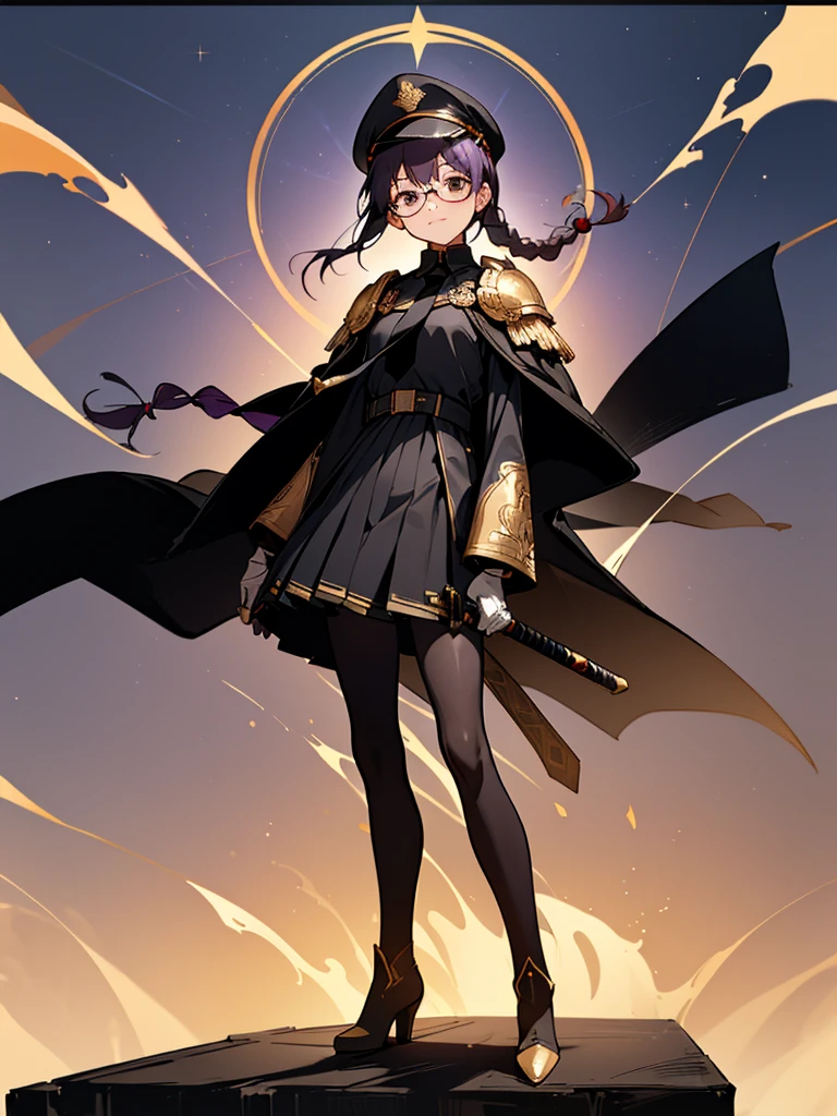 realisitic, City Deserted, Pile of rubble, Brick building, a one woman (18 years old, far away blackw hair, far away slits, Eyes red, glare eyes, 精致的面容, standing (In floor, feet shoulder-width apart), Lolita style military uniform (blackw base, Red Insert, golden decoration, volantes, wide sleeves, dainty and delicate detailing armors), blackw far away gloves (blackw, Red Insert, golden decoration, small hands, armors), blackw far away gloves, knee high boots (blackw, high-heels, red soles), ha (blackw, aba dourada, shield emblem, delicate details), arms in front, Front of belly, Holding military swords with both hands (blackw, golden decoration, delicate detail, Handle at the top, Ground-facing blade, in front of the body, far away), night sky (blackw, stele, Increased flames and smoke) Pale painting style, One Girl, super high quality, Super Detail, Super Detailed image, long hair, looking at viewer, skirt, shirt, hair ornament, violet eyes, gloves, round glasses, long sleeves, hat, closed mouth, jacket, violet hair, braid, open clothes, necktie, black gloves, black skirt, uniform, single braid, open jacket, black jacket, black headwear, 手链, peaked cap, black necktie, cropped jacket, military hat, pantyhose, Flat Chest, smile, Black Cape
