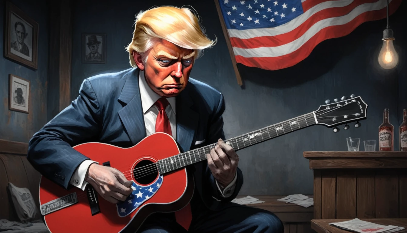 robert johnson, gritty, alabama bar, blue note, charismatic, illustration, noir fantasy, lone Donald Trump, sad ending, holding guitar, american flag