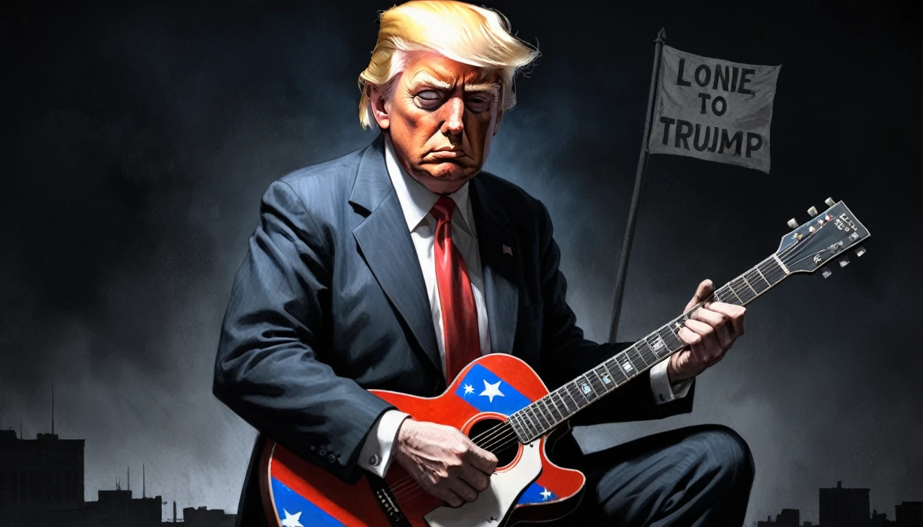 robert johnson, gritty, alabama bar, blue note, charismatic, illustration, noir fantasy, lone Donald Trump, sad ending, saxophonist, american flag