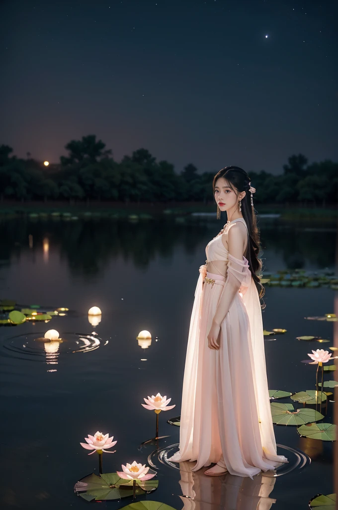 (((best quality))),(((ultra detailed))),(((masterpiece))),illustration,((1 beautiful young girl,solo)),((slim,thin)),(shoulder length straight hair:1.2),((earrings,necklace)),((small breasts,flat chest)),(see through traditional pink sheer Hanfu dress:1.3),(slender legs:1.2),(beside the lotus pond full of lotus flowers:1.3), serene moonlight, ethereal,floral pattern, water movement, billowing fabric, tranquil, moon reflection, petals, fireflies, magical, light,warm light, dreams, invitation, (standing:1.3),(arms behind back:1.3),gazing, reflection, inner thoughts, emotional, sweet scent, natural beauty, solitude, hypnotic lull, eternal summer,(night scene:1.3), natural world, human spirit, celebration, backdrop, water, glow,((from front,full body))