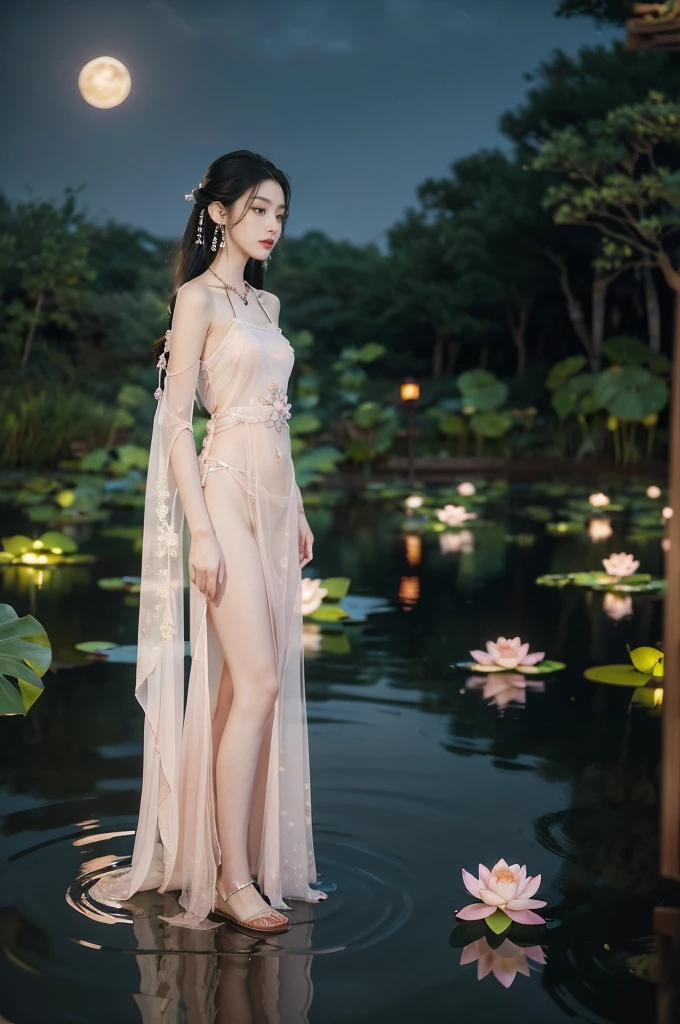 (((best quality))),(((ultra detailed))),(((masterpiece))),illustration,((1 beautiful young girl,solo)),((slim,thin)),(shoulder length straight hair:1.2),((earrings,necklace)),((small breasts,flat chest)),(see through traditional pink sheer Hanfu dress:1.3),(slender legs:1.2),(beside the lotus pond full of lotus flowers:1.3), serene moonlight, ethereal,floral pattern, water movement, billowing fabric, tranquil, moon reflection, petals, fireflies, magical, light,warm light, dreams, invitation, (standing:1.3),(arms behind back:1.3),gazing, reflection, inner thoughts, emotional, sweet scent, natural beauty, solitude, hypnotic lull, eternal summer,(night scene:1.3), natural world, human spirit, celebration, backdrop, water, glow,((from front,full body))