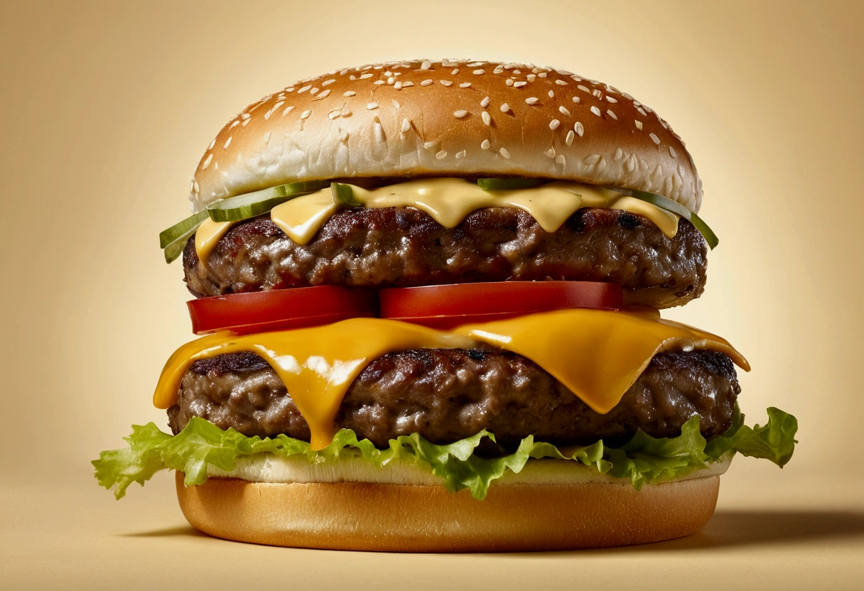 a picture of a cheeseburger, cheeseburger divided in the elegant cream color background like in a commercial, everything in focus
