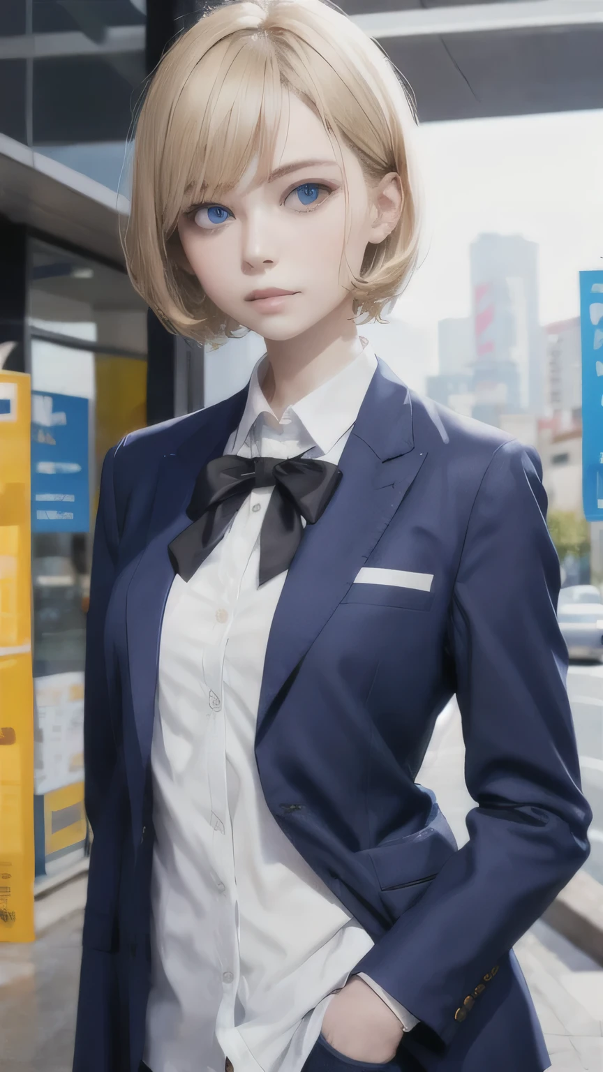 portrait of a beautiful woman,alone,20-year-old,Beautiful Face,Upper Body,Great style,Hair on one eye,Short Sidecut, Blonde, Sharp focus,Black business suit,Roll up your sleeves