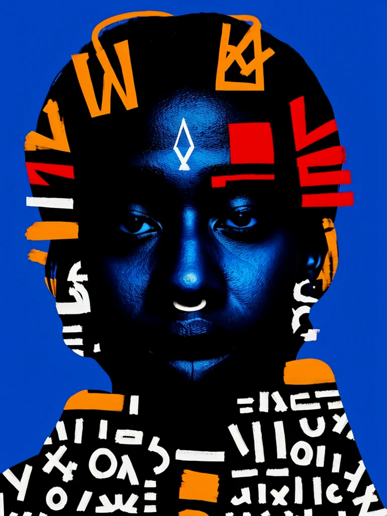 Folks, Colorful, fallen angel, solo, simple background, black hair, english text, blue background, abstract, crown basquiat