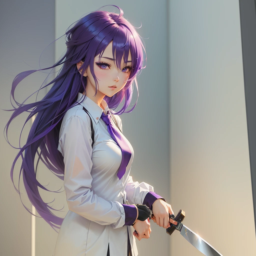 anime girl with purple hair and blue tie holding a knife, soft anime illustration, made with anime painter studio, artwork in the style of guweiz, painted in anime painter studio, anime art wallpaper 8 k, anime art wallpaper 4k, anime art wallpaper 4 k, guweiz, anime artstyle, anime moe artstyle, digital art on pixiv