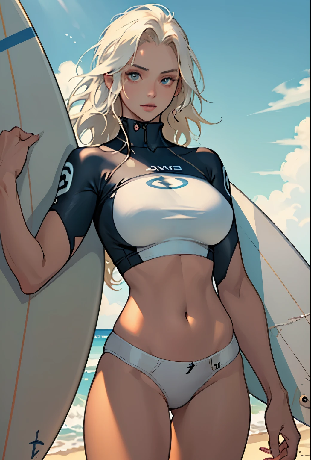 masterpiece, (Textured skin), Highest quality, Gorgeous beautiful girl, (female surfer), Detailed clothing,Large Breasts,Tight waist,, (Beautiful Face), Cinema Lighting, (At the surfing venue ), Holding the board,