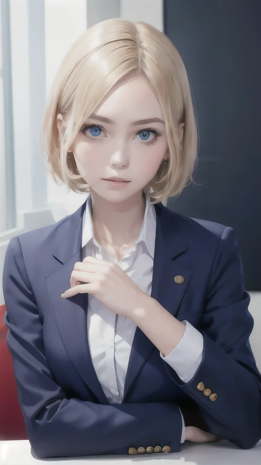 portrait of a beautiful woman,alone,20-year-old,Beautiful Face,Upper Body,Great style,Hair on one eye,Short Sidecut, Blonde, Sharp focus,Black business suit,Roll up your sleeves