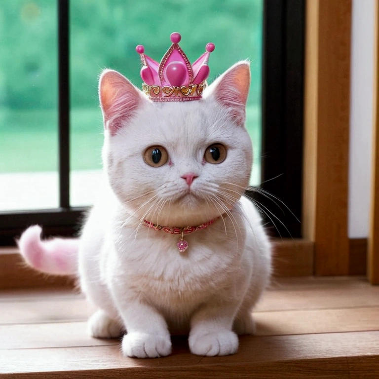 There is a pink cat，Wearing a princess crown on her head, cute的数字艺术, Kawaii cat, very beautiful and cute的猫 woman, cute细致的数字艺术, cute又cute, cute的猫, 卡哇伊cute的小狗, cute的动物, cute, cute的猫 animation visual effects, 漂亮又cute, cute的数字, cute又cute, a cute的猫, 8K