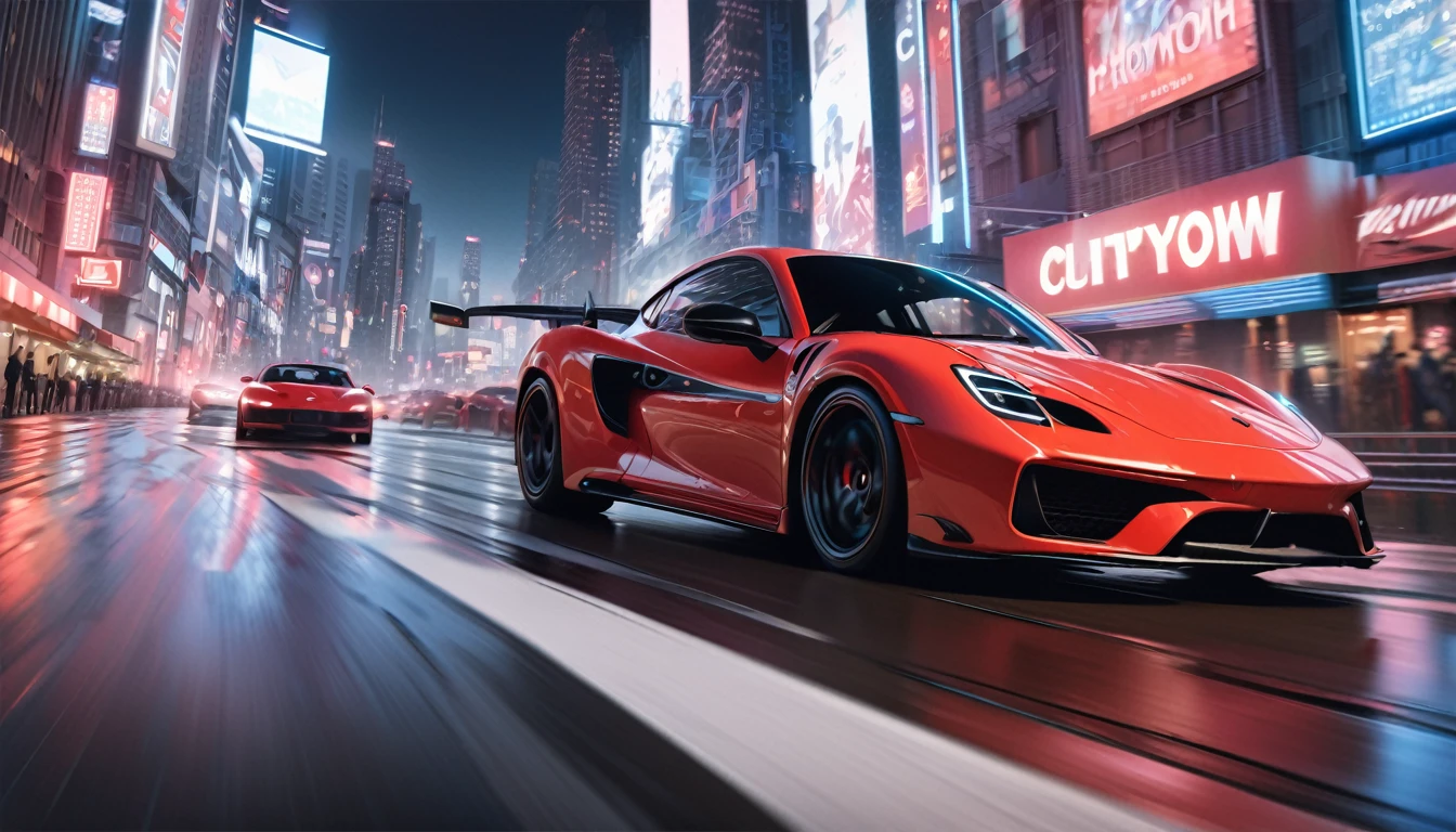(best quality, masterpiece, ultra detailed, ultra high res, photorealistic, raw photo, absolutely resolution), neon, city, red sports car running at high speed, late night,
