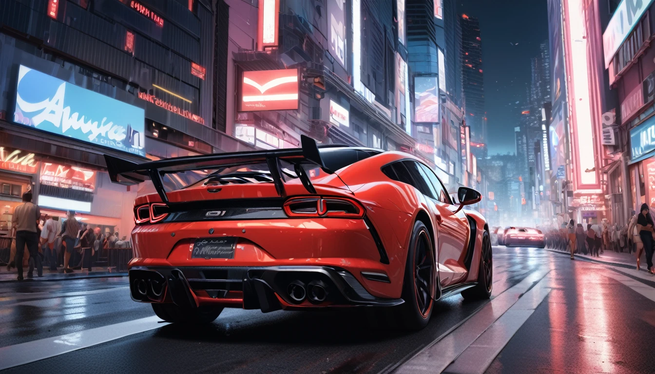 (best quality, masterpiece, ultra detailed, ultra high res, photorealistic, raw photo, absolutely resolution), neon, city, red sports car running at high speed, late night,