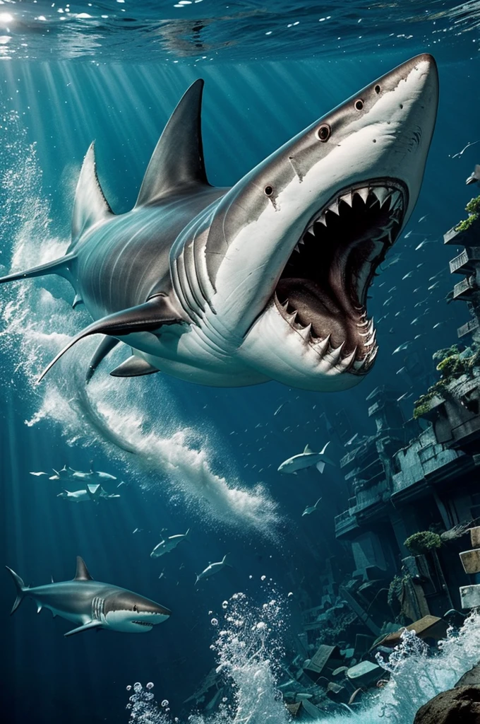 Create a book cover image with the following elements:

Main Focus: A giant evolving great white shark. This shark should have tentacles and bone spikes protruding from its body, showcasing its menacing transformation.
Surrounding Details: Around the central shark, include four smaller sharks made of blood, swirling and swimming around it in a dynamic and chaotic manner.
Background: An underwater city in ruins, adding to the sense of chaos and destruction. The overall atmosphere should be dark, mysterious, and intense, emphasizing the chaos and otherworldly nature of the scene.
Ensure the composition is visually striking and conveys a sense of danger and turmoil, suitable for an intense and thrilling narrative.