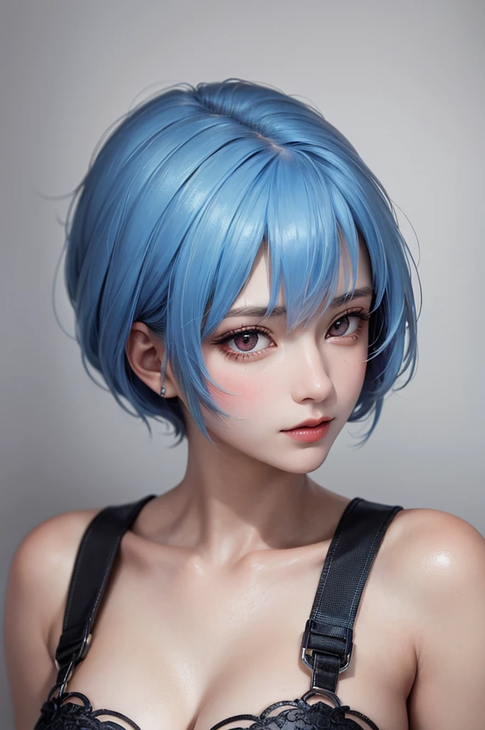 Masterpiece, Best Quality, 8K, Detailed Skin Texture, Detailed Cloth Texture, Beautiful Detail Face, Intricate Detail, Ultra Detailed, Portrait of Rei Ayanami, Blue Hair, Red Eyes, Pixie Cut, No Background