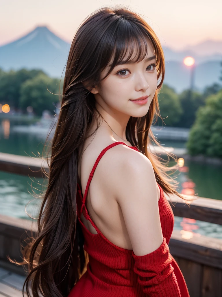 masterpiece, 1 beautiful girl, Fine grain, Puffy eyes, Highest quality, 超A High resolution, (Realistic : 1.4), Cinema Lighting, Japanese, Asian Beauty, Super Beauty, Beautiful Skin, thin, Body facing forward, (超Realisticな), (High resolution), (8K), (High resolution), (美しくてFine grain), (Very detailed), (wallpaper)、Detailed face, Bright lighting, Professional Lighting, View the art, Look straight ahead, (The costume is a red knit dress), Long Hair, My hair is messy, Asymmetrical bangs, Night view, Brown Hair, ponytail、 Japan is an idol, 23 years old, expensive, smile, Flower park scenery at dusk, (Random Body Orientation),