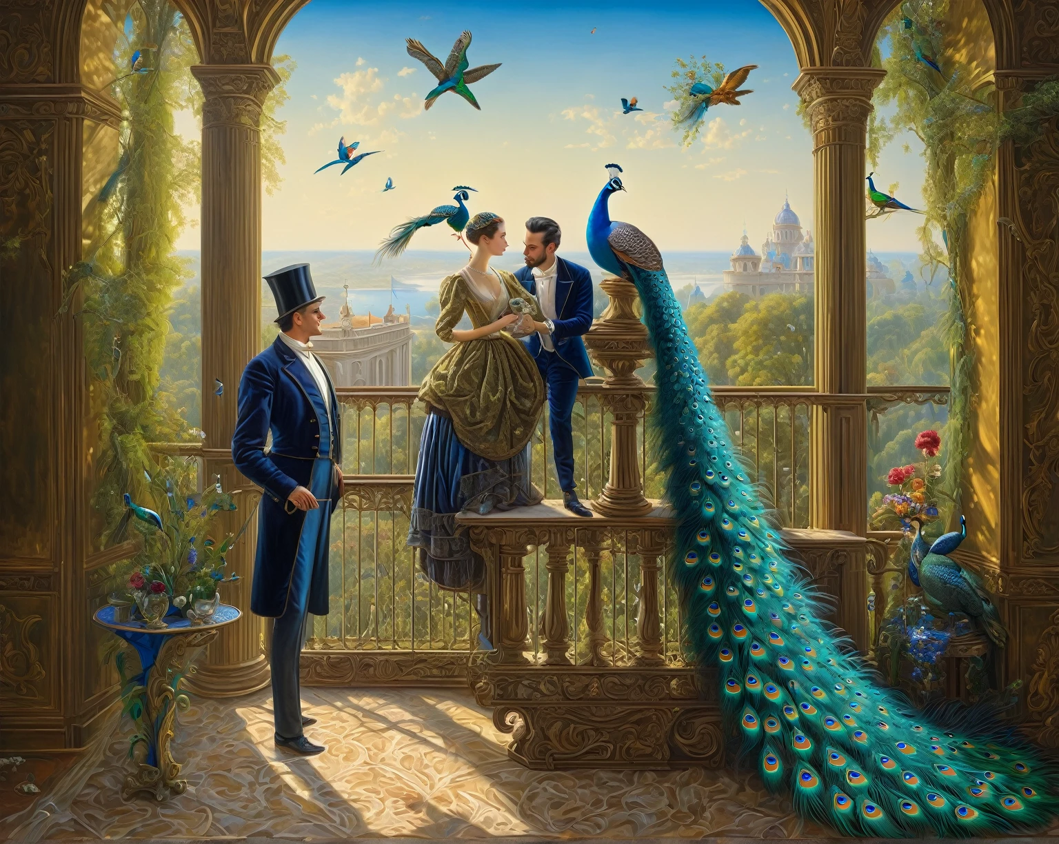 painting of a couple on a balcony with a peacock and a bird, romantic painting, romantic era painting, michael cheval (unreal engine, detailed painting 4 k, balcony scene, in balcony of palace, fantasy victorian art, beautiful art uhd 4 k, elegant oil painting, 8 k hd detailed oil painting, renaissance style painting