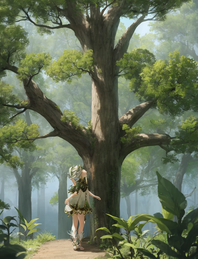 Nahida stands on the ground below an enormous tree that towers far above her, looking up into the branches at a mystical space that seems to open into another world
