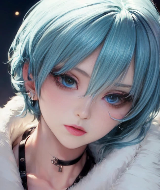 Depth of bounds written, detailed eye, ((CG illustration)), ((face focus)), ((masterpiece)), ((8K)), ((super detailed)), ((Super high quality)), ((cinematic)), ((Photoreal)), ((close up shot)), (solo), (cool girl), very long hair, straight hair, (((thin body))), Glossy skin, ((look away)), (Beautiful goth girl with high cheeks and legs), Gothic makeup, clear eyes, lipstick, dark eye shadow, ((No bra)), choker, earrings, provoke, night, ((full moon)), ((Functional)), Lonely, Visual kei, ((pastel colour)), Unwound clothes, forget, kiss, White Knight, dark, silence