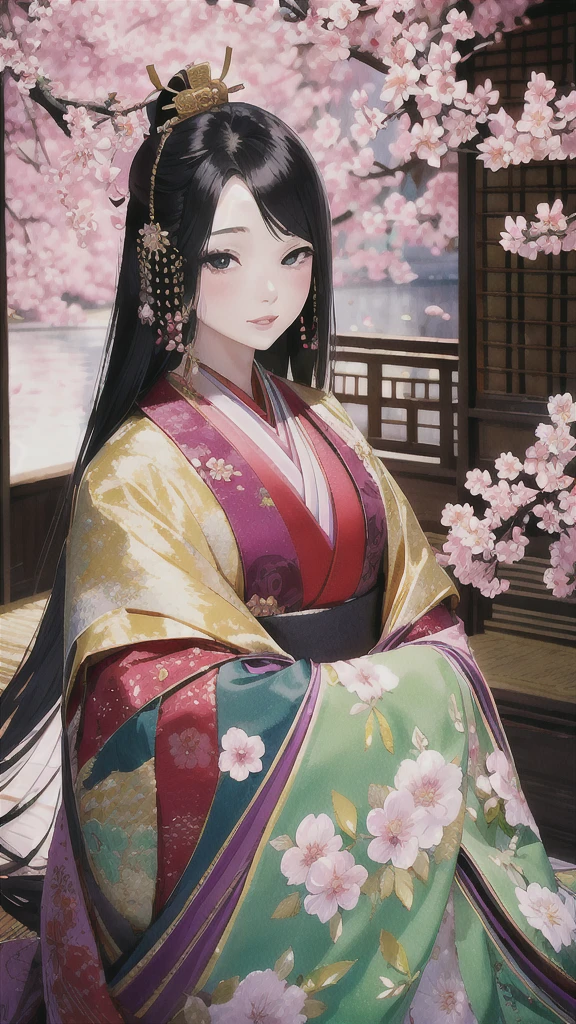 (Flower-like立っている姿)、(Flower-like)、(Like flowers)、(Floral fragrance)、(Everyone is enchanted)、(Pale Cherry Blossomsの色)、(Pale red plum color)、((Highest quality、Highest quality、masterpiece、Beautiful and beautiful、There was only one beautiful woman with long, jet black hair and beautiful, round, black eyes.、A gentle gaze、Rosy Cheeks))、 (Formal attire of court ladies in the Heian period in Japan)、Delicate silk、Delicate embroidery decoration、Detailed、imperial palace、Pale Cherry Blossoms、Pale Cherry Blossomsの花びら、Highly detailed and exquisite、Ultra-realistic、Super beautiful graphics