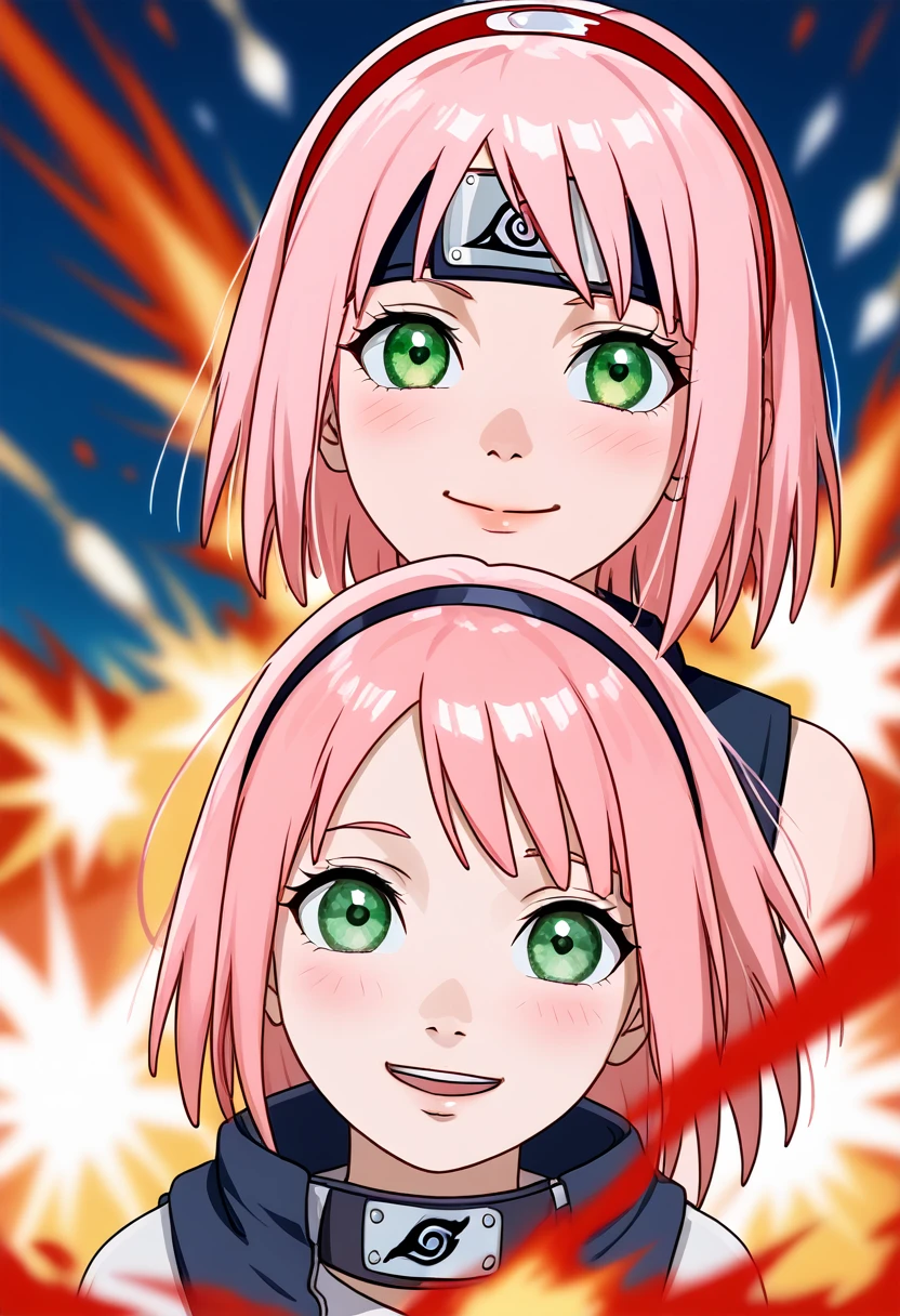 Sakura4_Wise, Boruto: Naruto Next Generations, Naruto Shippuden , 1girl, Explosions, Facial sign, green eyes, parted Explosions, Pink hair, Red hair band, good, short hair, Single, Upper body ((Masterpiece)) 