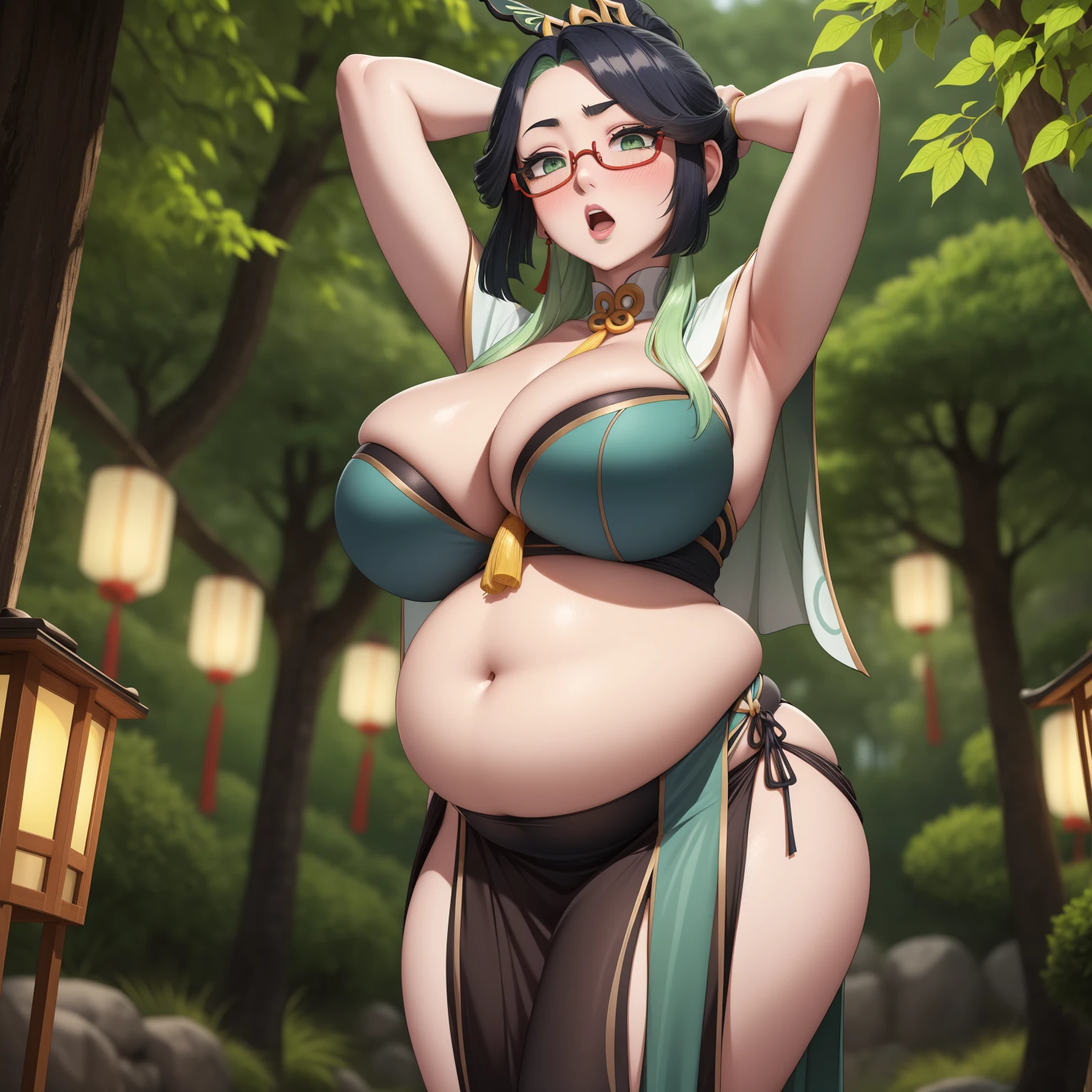 gixianyun makeup, under-rim eyewear, pelvic curtain green eyes, bending over,japanese garden , lanterns,best quality,highly detailed,blush, ((big belly)), shocked, open mouth, (hands behind head:1.4), (solo:1.5)